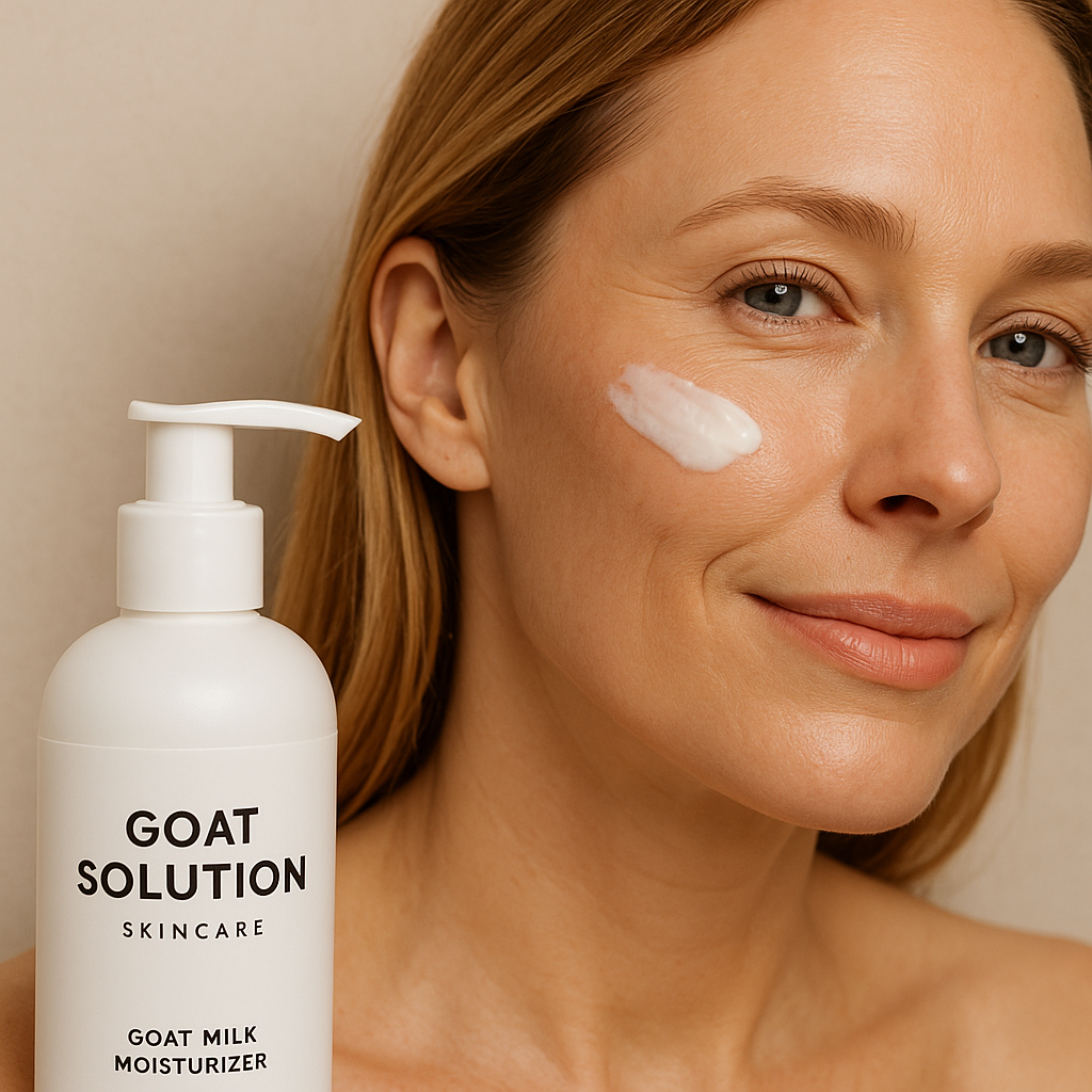 A radiant middle-aged woman gently applies Goat Solution Skincare cream
